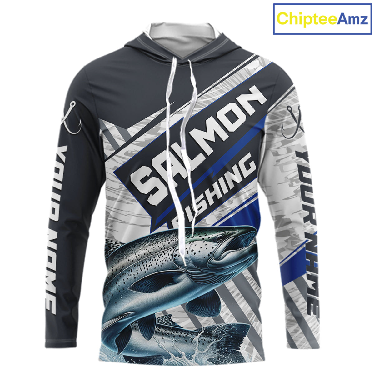 Personalized Chinook Salmon Fishing Jerseys For Fishing Team, Salmon Hooded Fishing Shirt Long Sleeve NHT921