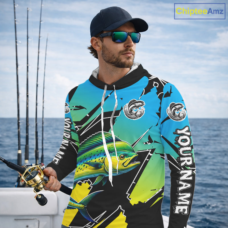 Personalized Mahi Mahi Fishing Shirts Long Sleeve Custom Team Name, Hooded Fishing Jersey For Men NHT479