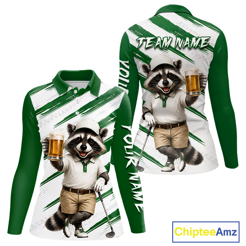 Custom Funny Beer Raccoon Golf Jersey For Womens, Womens Golf Polo Shirt Black Beige Golf Tournament NHT936