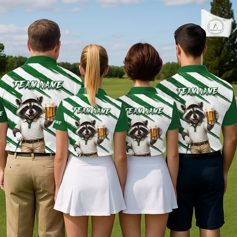 Custom Funny Beer Raccoon Golf Jersey For Womens, Womens Golf Polo Shirt Black Beige Golf Tournament NHT936