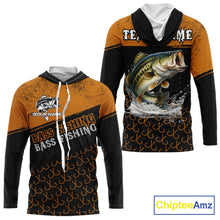 Load image into Gallery viewer, Personalized Largemouth Bass Fishing Jerseys, Orange Bass Hooded Fishing Shirts Long Sleeve Tournament Shirts NHT567