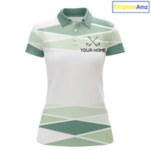 Load image into Gallery viewer, Personalized White Green Geometric Golf Polo Shirt  Custom Team Name