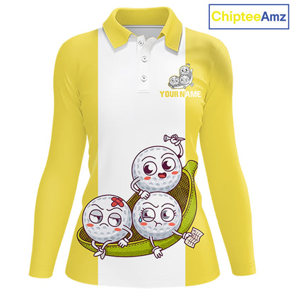 Custom Yellow White Womens Golf Team Polo Shirt, Funny Golf Ball Family Design, Matching Team Outfit NHT790