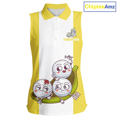 Custom Yellow White Sleeveless Womens Golf Team Polo Shirt, Funny Golf Ball Family Design, Matching Team Outfit NHT790