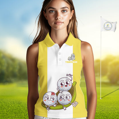 Custom Yellow White Sleeveless Womens Golf Team Polo Shirt, Funny Golf Ball Family Design, Matching Team Outfit NHT790