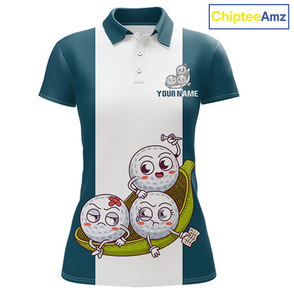 Custom Blue Teal White Womens Golf Team Polo Shirt, Funny Golf Ball Family Design, Matching Team Outfit NHT791