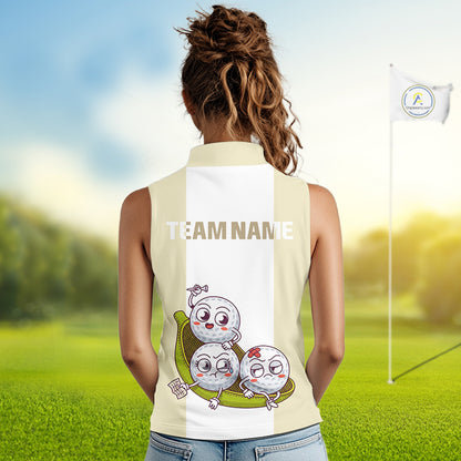 Custom Beige White Sleeveless Womens Golf Team Polo Shirt, Funny Golf Ball Family Design, Matching Team Outfit NHT792