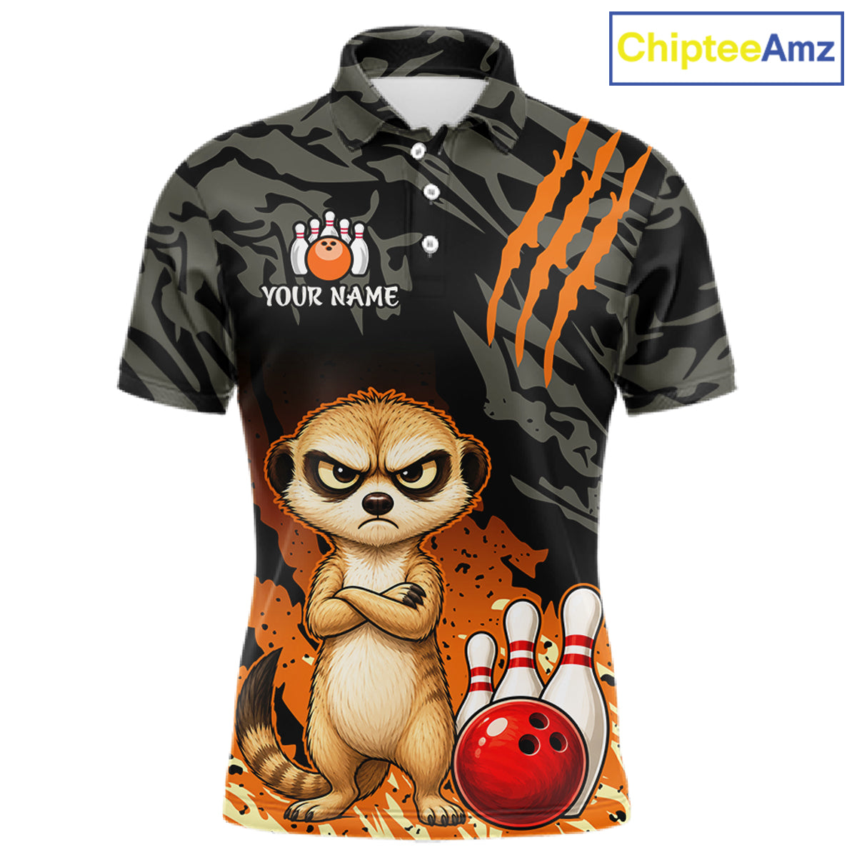 A short-sleeve polo shirt with a dark camouflage pattern, featuring a cartoon meerkat, bowling pins, a red bowling ball, and orange claw marks. The shirt includes a customizable name graphic on the left chest.