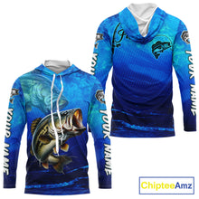 Load image into Gallery viewer, Custom Name Royal Blue Bass Fishing Jersey - Personalized 3D Long Sleeve Hooded Fishing Shirt For Men