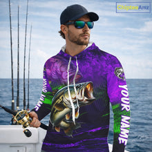 Load image into Gallery viewer, Custom Name Purple Lime Bass Fishing Jersey - Personalized 3D Long Sleeve Hooded Fishing Shirt For Men