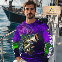 Load image into Gallery viewer, Custom Name Purple Lime Bass Fishing Jersey - Personalized 3D Long Sleeve Fishing Shirt For Men