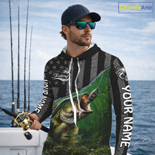 Load image into Gallery viewer, Gray Green Bass Custom Long Sleeve Hooded Fishing Shirt, American Flag Patriotic Bass Fishing Jersey NHT974