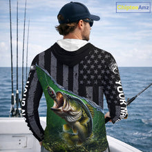 Load image into Gallery viewer, Gray Green Bass Custom Long Sleeve Hooded Fishing Shirt, American Flag Patriotic Bass Fishing Jersey NHT974