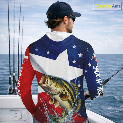 Hooded Design Texas Flag Bass Performance Fishing Shirts, Custom Texas Bass Fishing Jersey NHT609