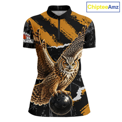 A women's short-sleeve quarter-zip athletic shirt with a bold all-over print featuring a large owl perched on a bowling ball, set against a black and gold brushstroke background. The shirt has a mock neck, a short front zipper, and a customizable sleeve patch with 'CHIMP NAME'.