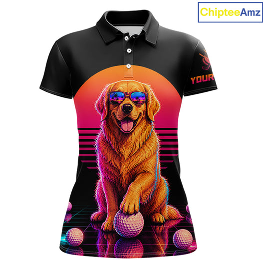 Personalized Golden Retriever Womens Golf Polo Shirt – Vintage Neon Golf Design