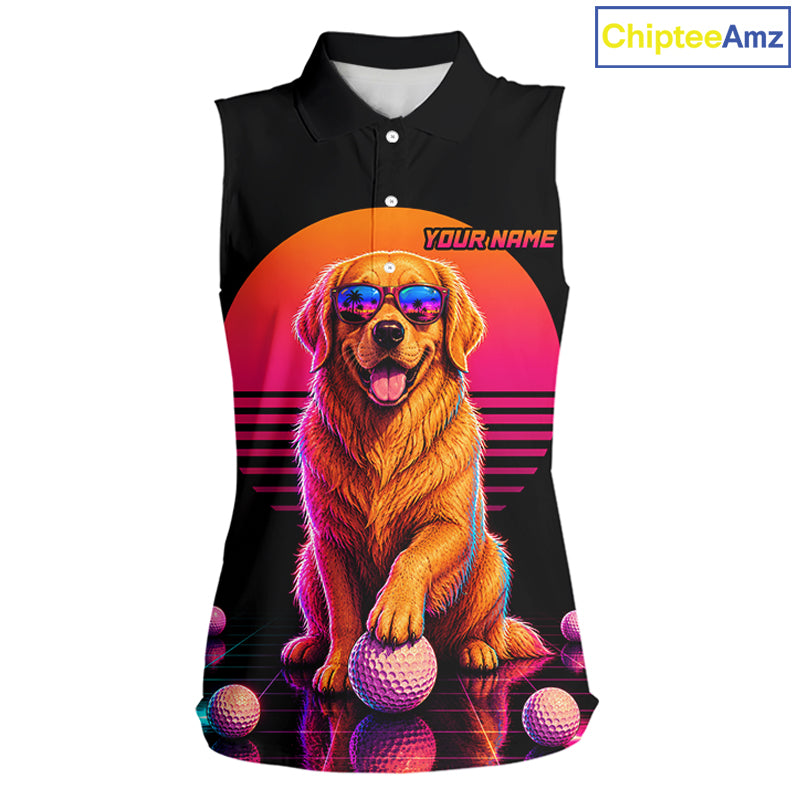 Personalized Golden Retriever Womens Sleeveless Golf Polo Shirt – Vintage Neon Golf Design NHT991