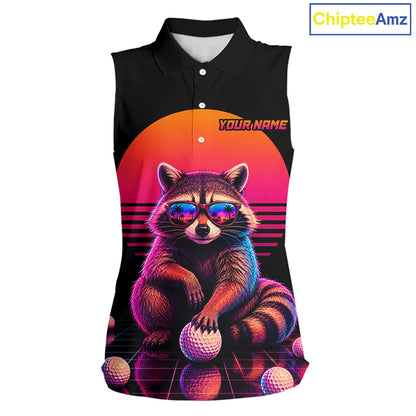 Personalized Funny Raccoon Womens Sleeveless Golf Polo Shirt – Vintage Neon Golf Design NHT995