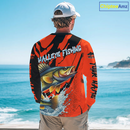 Orange Camo Walleye Fishing Custom Performance Long Sleeve, Walleye Fishing Jersey NHT432
