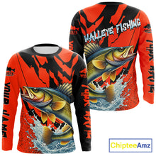 Load image into Gallery viewer, Orange Camo Walleye Fishing Custom Performance Long Sleeve, Walleye Fishing Jersey NHT432