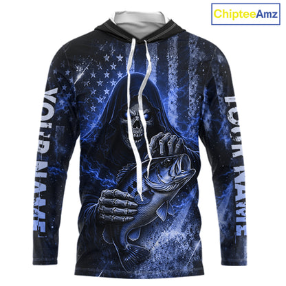 Hooded Custom Team Name Grim Reaper Bass Fishing With American Flag - Patriotic Bass Fishing Jersey|Yellow NHT630