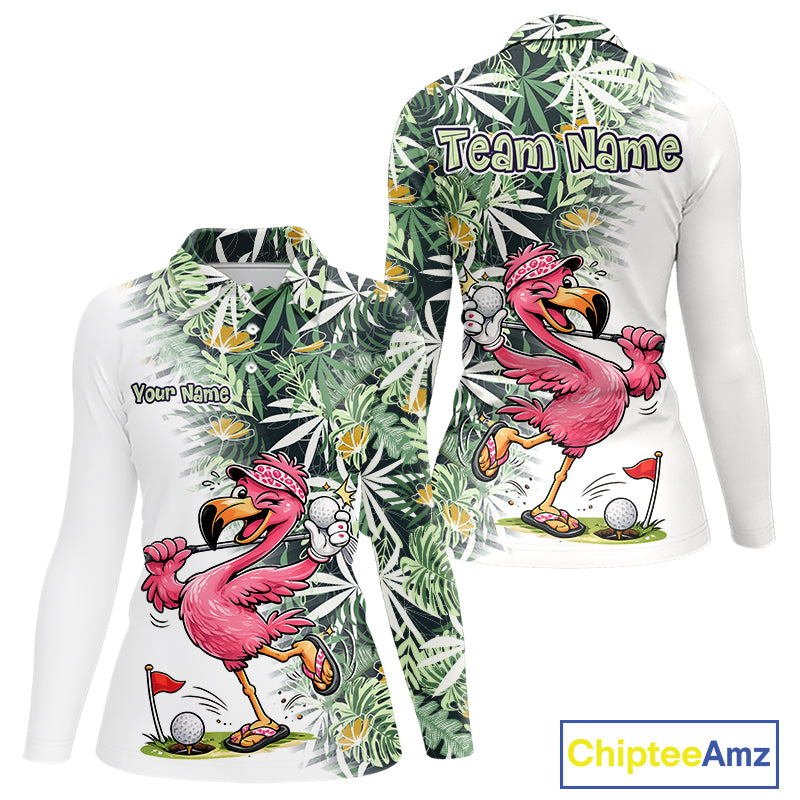 Funny Pink Flamingo Green Tropical Pattern Golf Polo Shirt Custom Golf Shirts For Womens NHT648