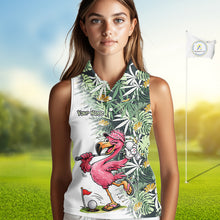 Load image into Gallery viewer, Funny Pink Flamingo Green Tropical Pattern Sleeveless Womens Golf Polo Shirt Custom Golf Shirts For Womens NHT648