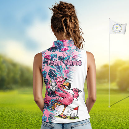 Funny Pink Flamingo Tropical With Pattern Sleeveless Womens Flamingo Golf Polo Shirt Custom Golf Shirts For Womens NHT649
