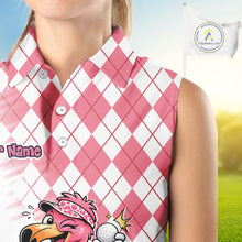 Load image into Gallery viewer, Funny Pink Flamingo Argyle Pink Pattern Sleeveless Womens Golf Polo Shirt Custom Golf Shirts For Womens NHT650