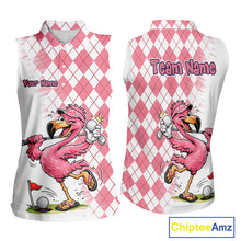 Load image into Gallery viewer, Funny Pink Flamingo Argyle Pink Pattern Sleeveless Womens Golf Polo Shirt Custom Golf Shirts For Womens NHT650