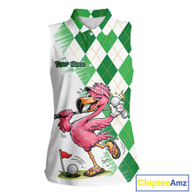 Load image into Gallery viewer, Funny Pink Flamingo Argyle Green Pattern Sleeveless Womens Golf Polo Shirt Custom Golf Shirts For Womens NHT651