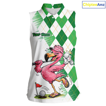 Funny Pink Flamingo Argyle Green Pattern Sleeveless Womens Golf Polo Shirt Custom Golf Shirts For Womens NHT651