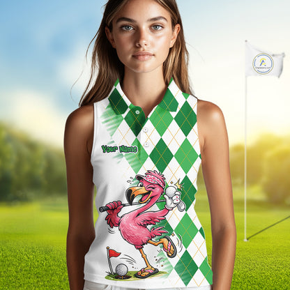 Funny Pink Flamingo Argyle Green Pattern Sleeveless Womens Golf Polo Shirt Custom Golf Shirts For Womens NHT651