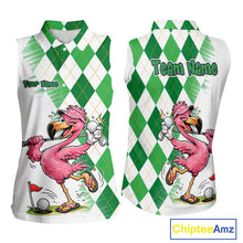 Load image into Gallery viewer, Funny Pink Flamingo Argyle Green Pattern Sleeveless Womens Golf Polo Shirt Custom Golf Shirts For Womens NHT651