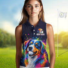 Load image into Gallery viewer, Person wearing a sleeveless shirt with a colorful dog design and 'Your Name' text on a golf course background.