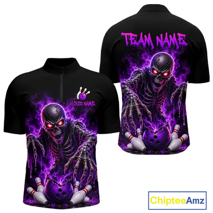 Black short-sleeve zip-up shirt shown from the front and back, featuring a large purple and black bowling-themed skeleton graphic with bowling pins and glowing red eyes. The front has placeholder text reading 'YOUR NAME' and a bowling pin logo, and the back has 'TEAM NAME' in purple.