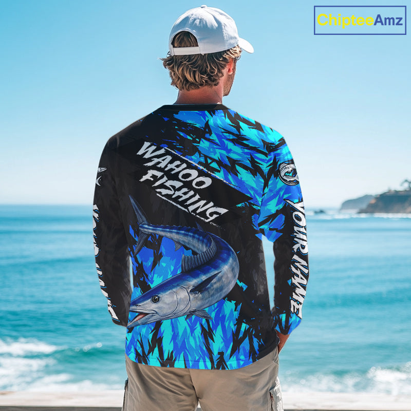 Personalized Wahoo Blue Long Sleeve Performance Fishing Shirts, Fishing Shirt For Men NHT454