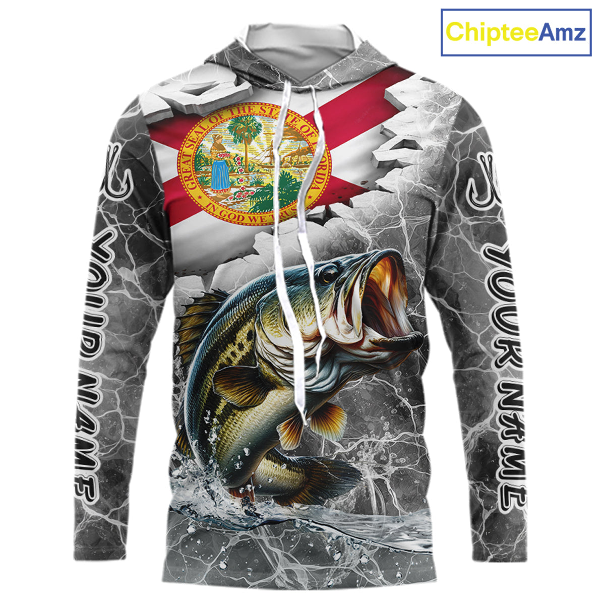 Florida Largemouth Bass Camo Gray Custom Long Sleeve Hooded Performance Fishing Shirts, Florida Flag Fishing Jerseys NHT657