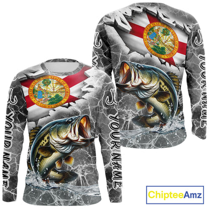 Florida Largemouth Bass Camo Gray Custom Long Sleeve Performance Fishing Shirts, Florida Flag Fishing Jerseys NHT657
