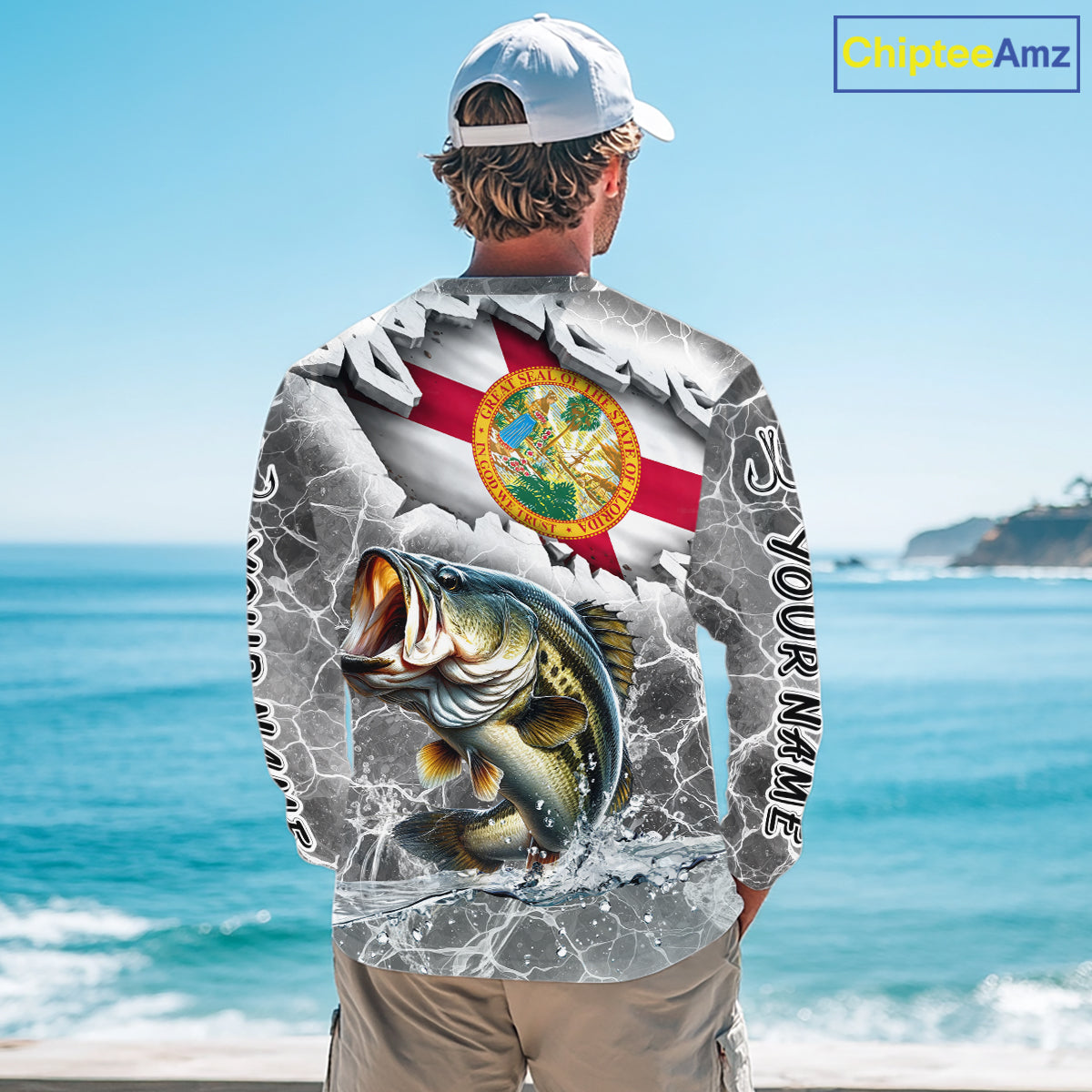 Florida Largemouth Bass Camo Gray Custom Long Sleeve Performance Fishing Shirts, Florida Flag Fishing Jerseys NHT657