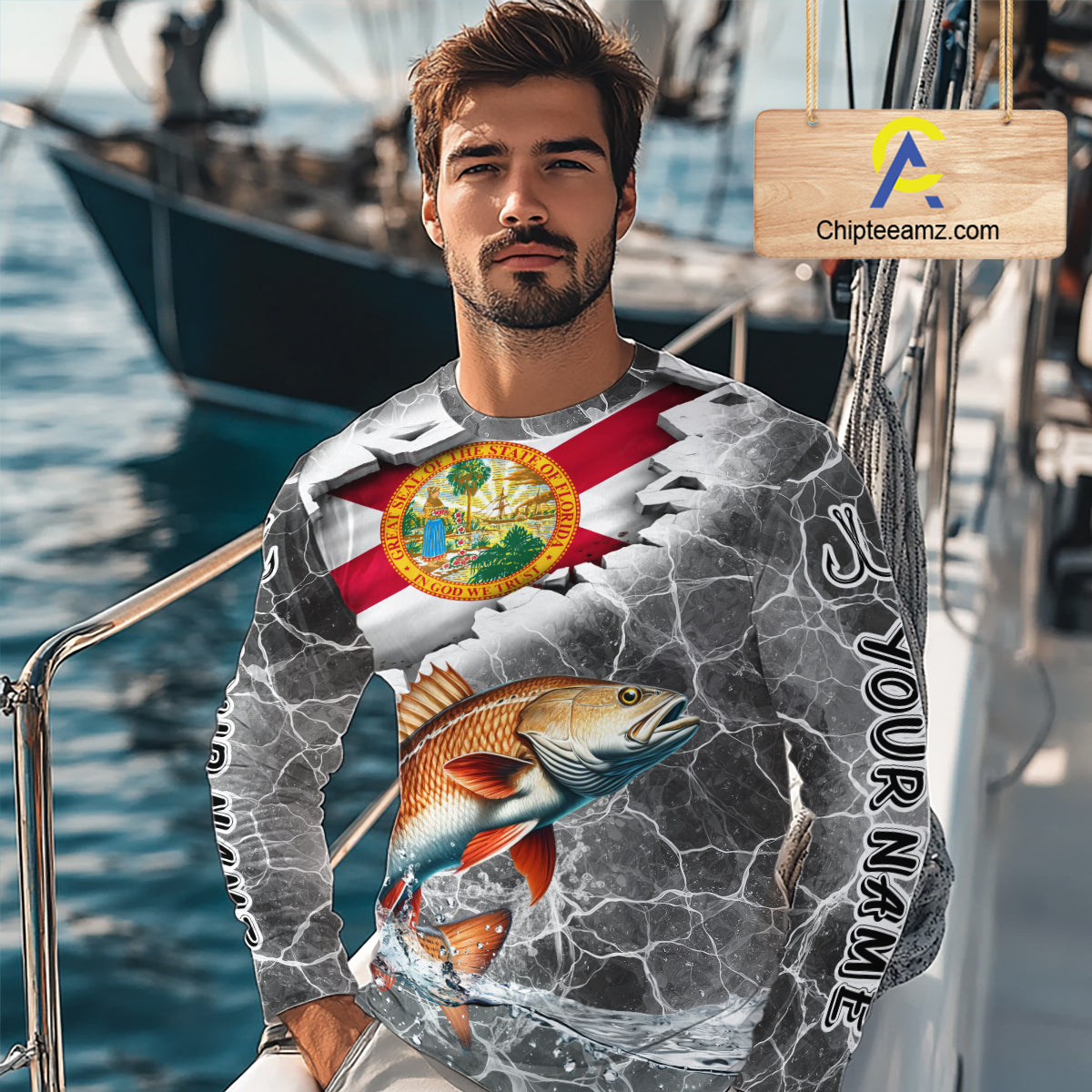Florida Redfish Camo Gray Custom Long Sleeve Performance Fishing Shirts, Florida Flag Fishing Jerseys NHT660