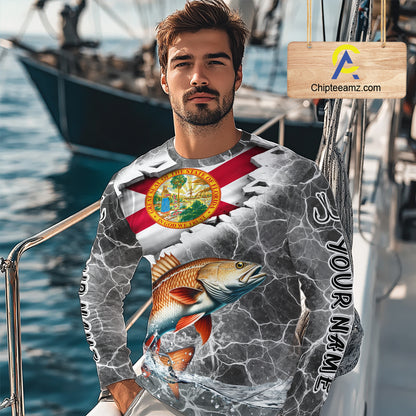 Florida Redfish Camo Gray Custom Long Sleeve Performance Fishing Shirts, Florida Flag Fishing Jerseys NHT660