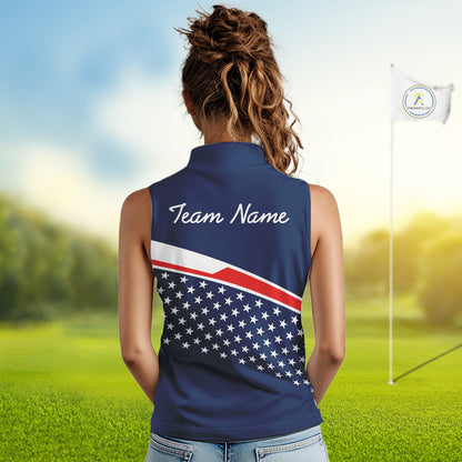 Blue Navy American Flag Womens Sleeveless Golf Polo Shirts Custom Patriotic Team Golf Shirts For Team Golf Gifts NHT693