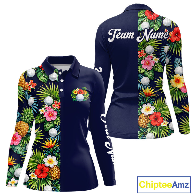 Womens Golf Polo Shirt Green Tropical Flower Leaves Custom Name Golf Polo Shirts, Golfing Gift NHT720