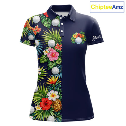 Womens Golf Polo Shirt Green Tropical Flower Leaves Custom Name Golf Polo Shirts, Golfing Gift NHT720