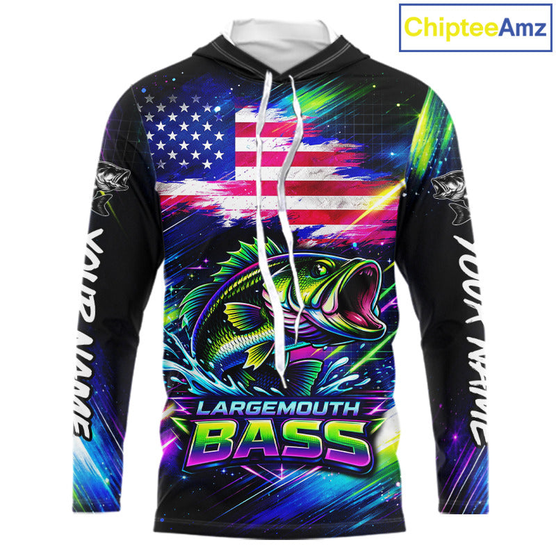 Personalized Bass Fishing Jerseys, Custom American Flag Fishing Shirts Long Sleeve Hooded For Men NHT458