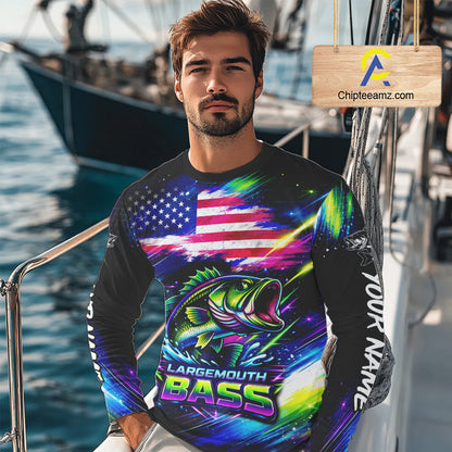 Personalized Bass Fishing Jerseys, Custom American Flag Fishing Shirts Long Sleeve For Men NHT458