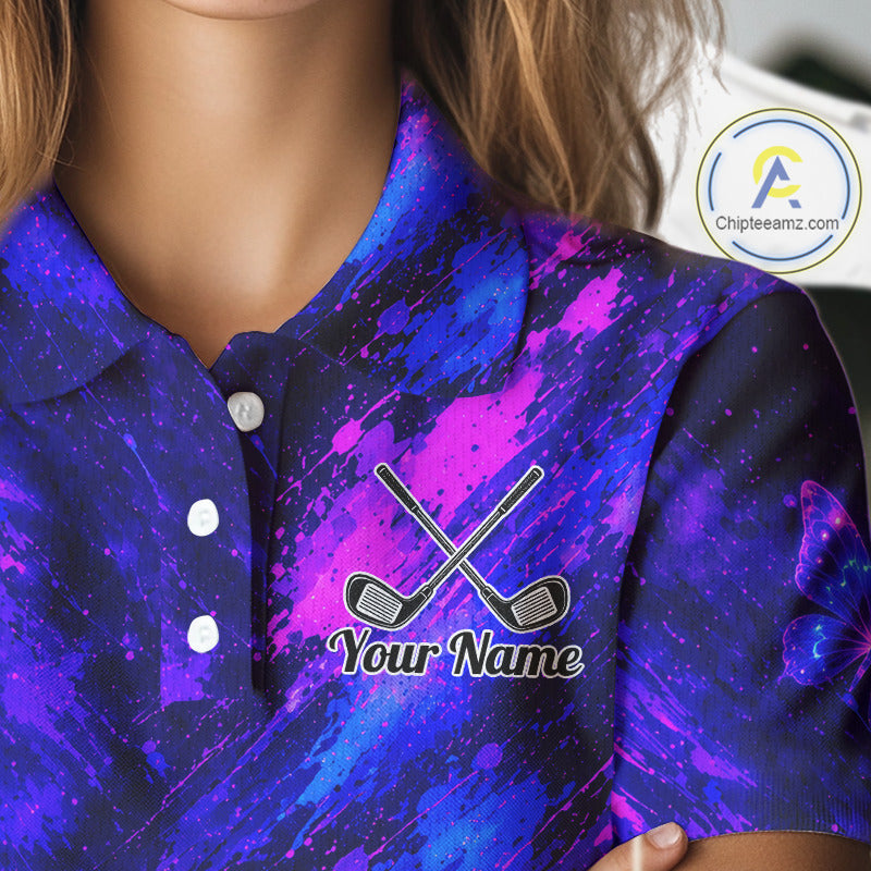 Neon Butterfly Womens Golf Polo Shirt Personalized Team Name Custom Purple Blue Golf Apparel Gift NHT901