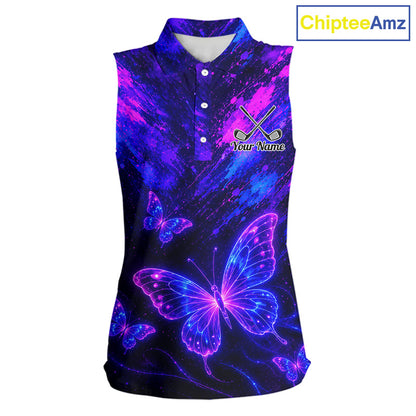 Neon Butterfly Womens Golf Polo Shirt Personalized Team Name Custom Purple Blue Golf Apparel Gift NHT901