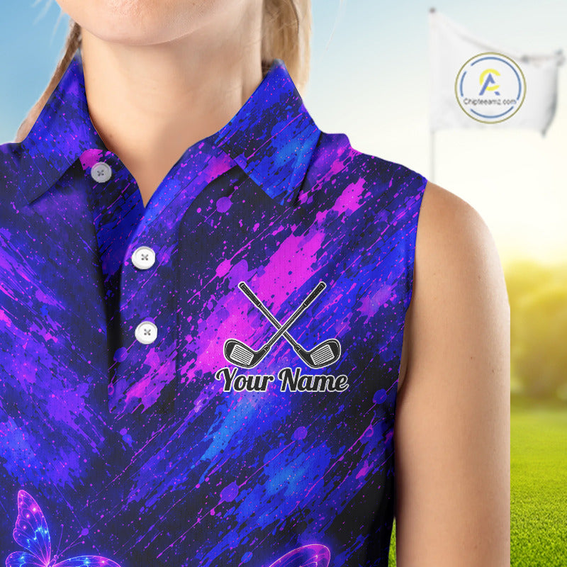 Neon Butterfly Womens Golf Polo Shirt Personalized Team Name Custom Purple Blue Golf Apparel Gift NHT901